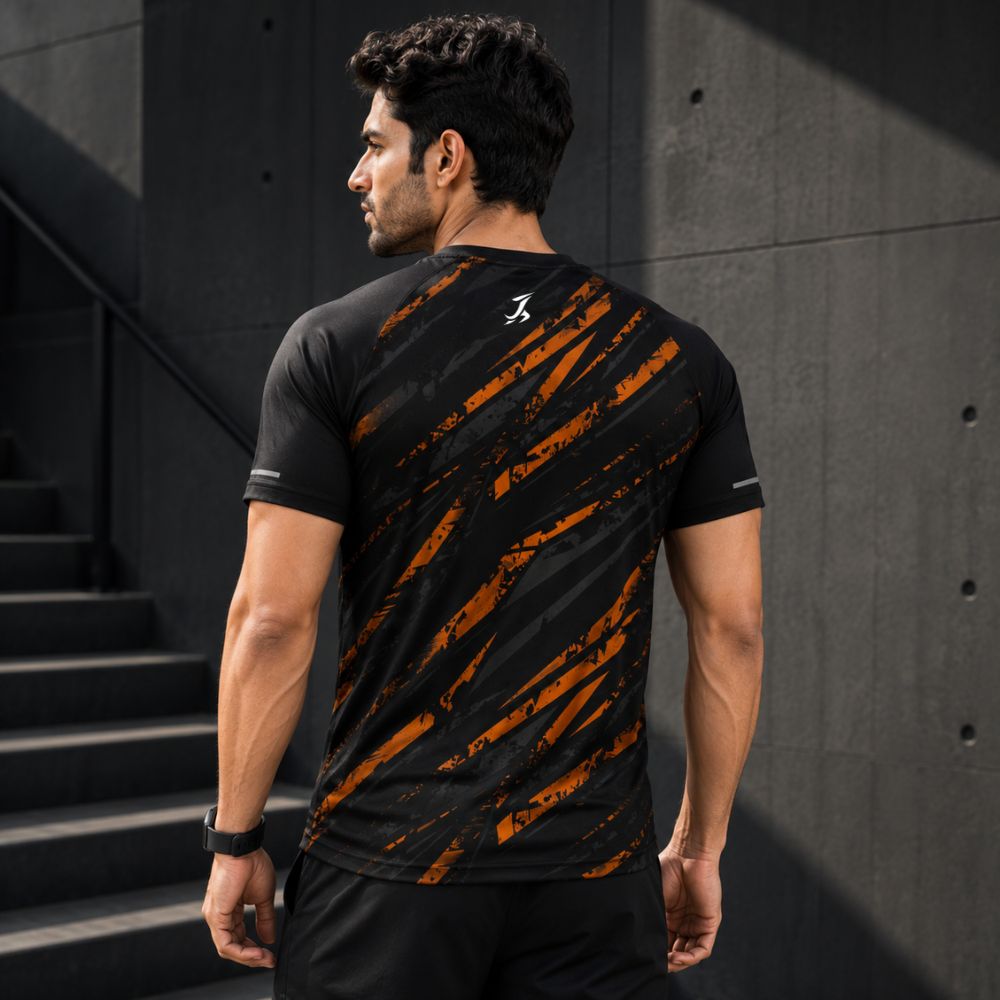 Men's Black Performance Active Wear T-Shirt with Orange Graphic Print