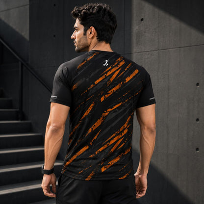 Men's Black Performance Active Wear T-Shirt with Orange Graphic Print