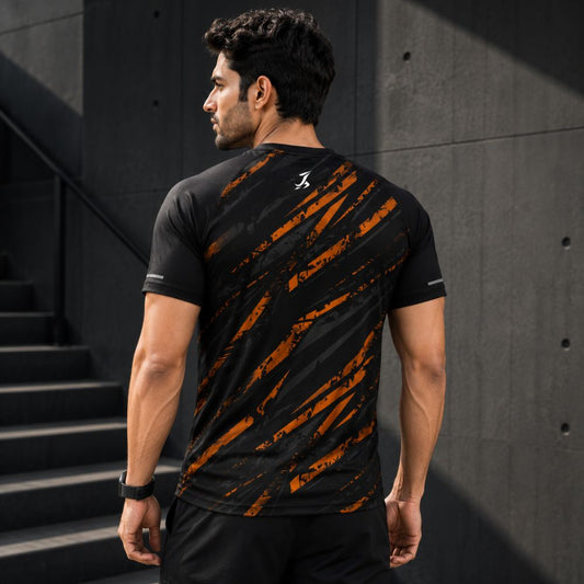 Men's Black Performance Active Wear T-Shirt with Orange Graphic Print