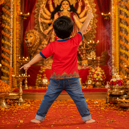 Kids Maa Durga Jersey T-Shirt | Red Durga Puja Festival Tee for Boys