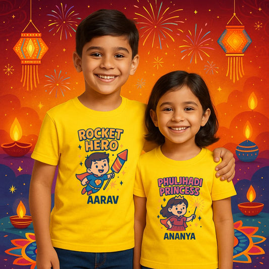 Personalized "Rocket Hero" & "Phuljhari Princess" Sibling Diwali T-Shirt Set