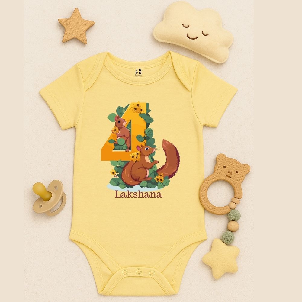 4th Birthday Lite Yellow baby onesie with a squirrel design