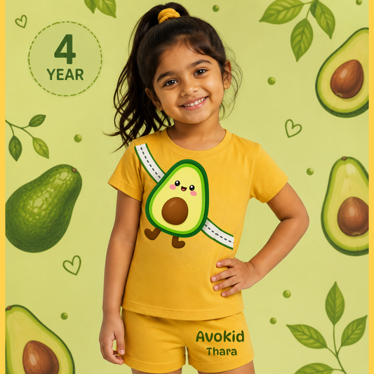 Personalized Avocado Kids Co-Ord Set | Custom Name Cotton T-Shirt & Shorts for Boys & Girls