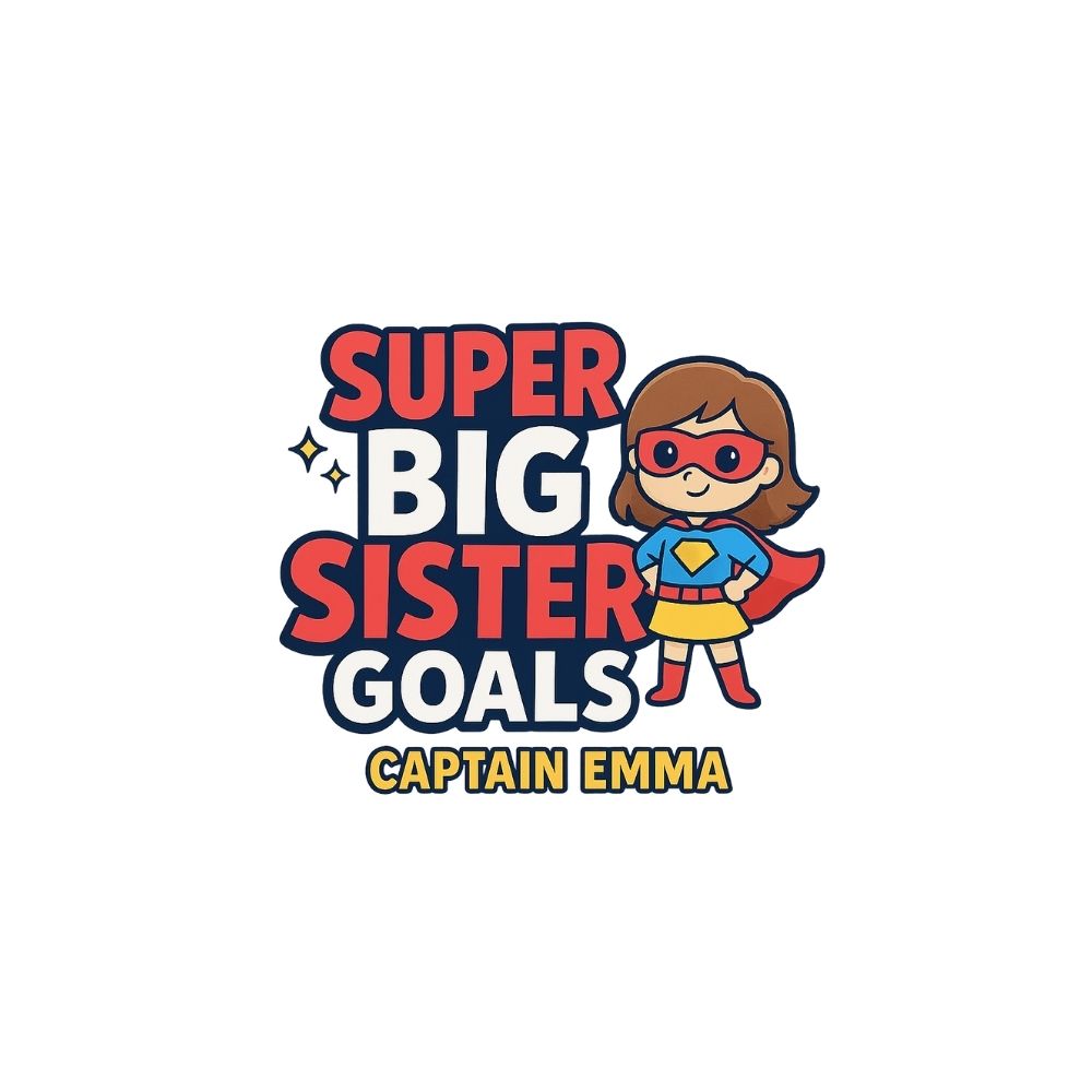 Superhero-themed logo with text 'Super Big Sister Goals Captain Emma' on a white background