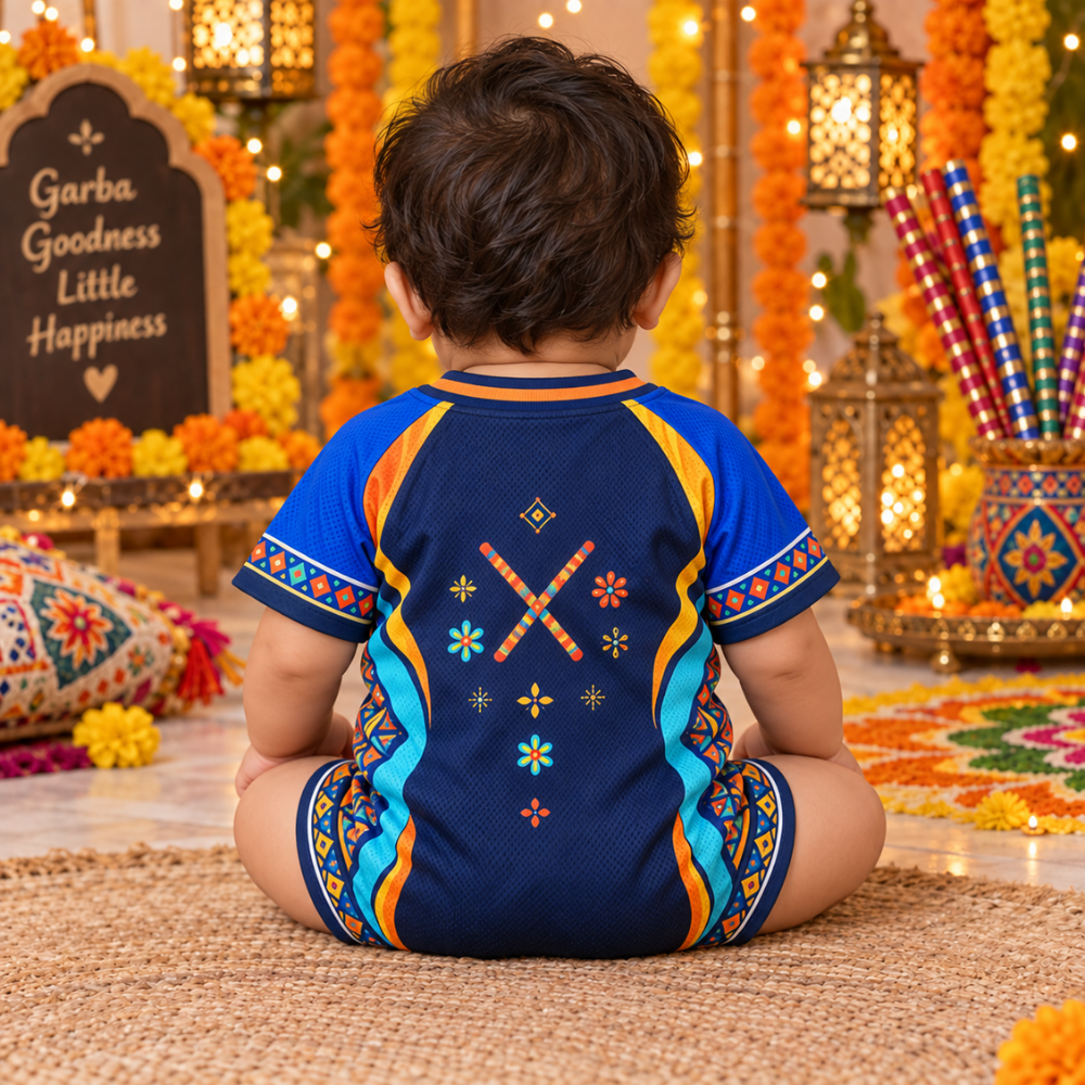 My First Navratri Baby Boy Jersey Romper | Blue Dandiya Onesie