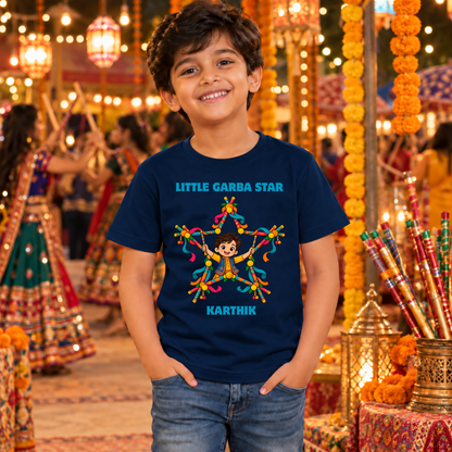 Personalized Little Garba Star Boys’ T-Shirt | Navy Blue Navratri Tee