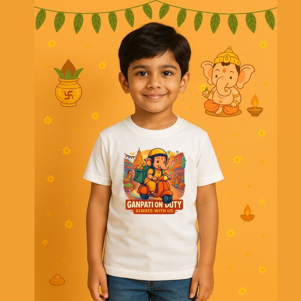 White t-shirt with a cartoon Ganesha Riding Scooter for delivering Modaks