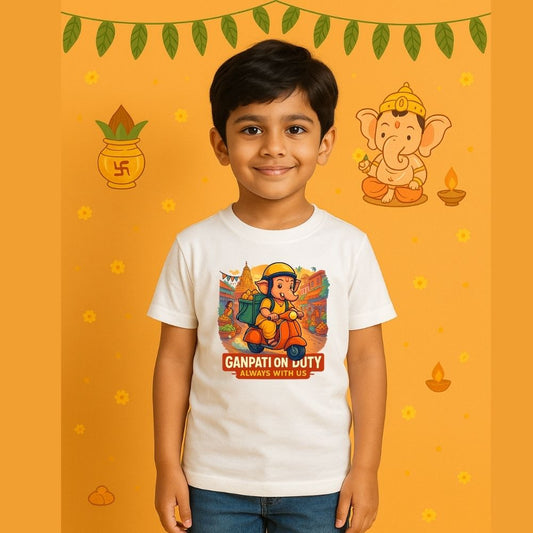 White t-shirt with a cartoon Ganesha Riding Scooter for delivering Modaks