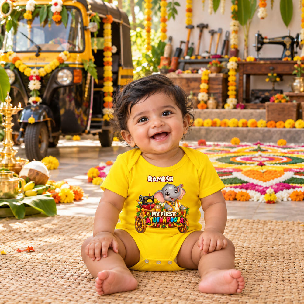 Personalised First Ayudha Pooja Baby Romper – Elephant Cart Design