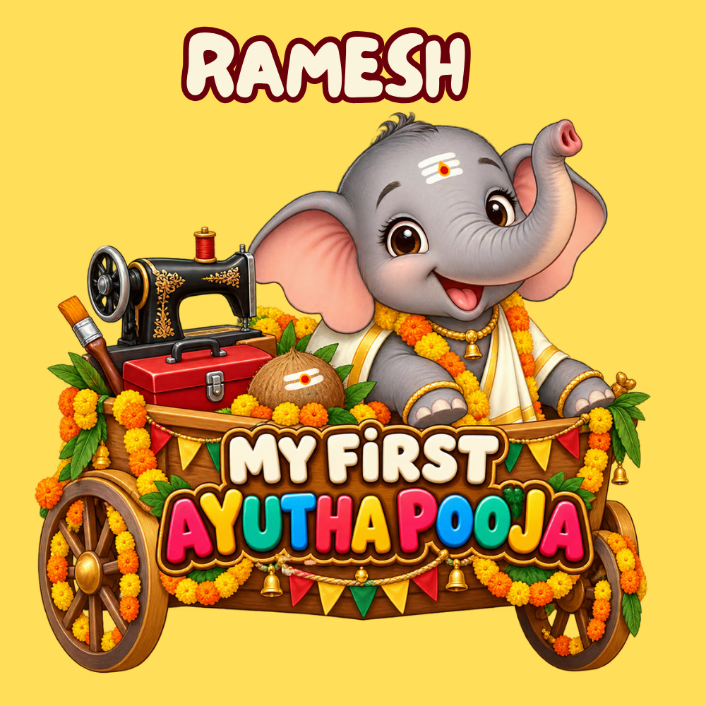 Personalised First Ayudha Pooja Baby Romper – Elephant Cart Design