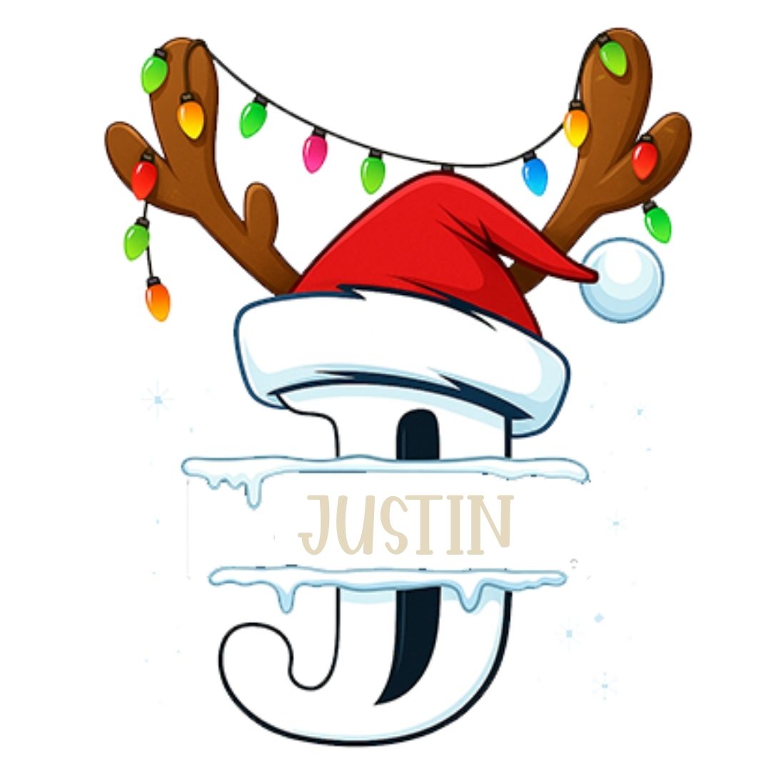 Personalized Kids Christmas Initial T-Shirt | Custom Monogram Reindeer & Santa Hat Tee