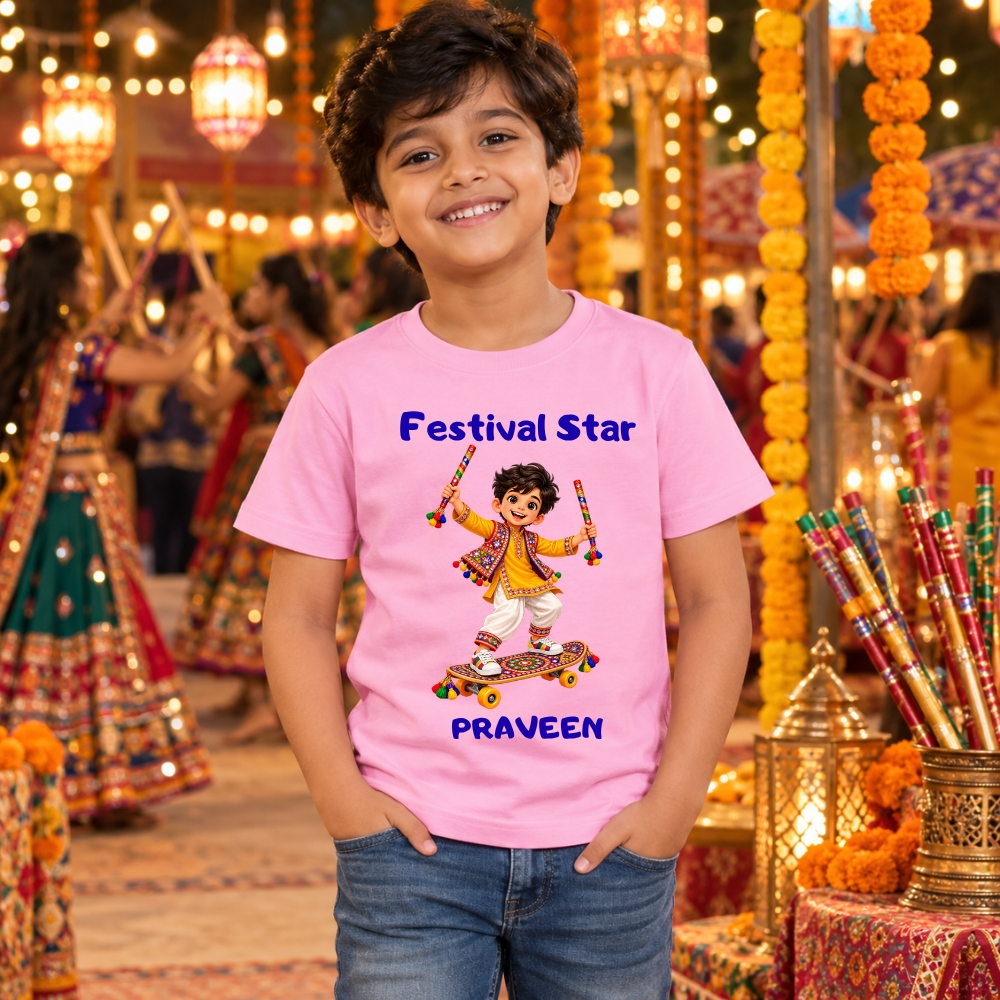 Personalized Festival Star Boys’ T-Shirt | Pink Navratri Dandiya Tee