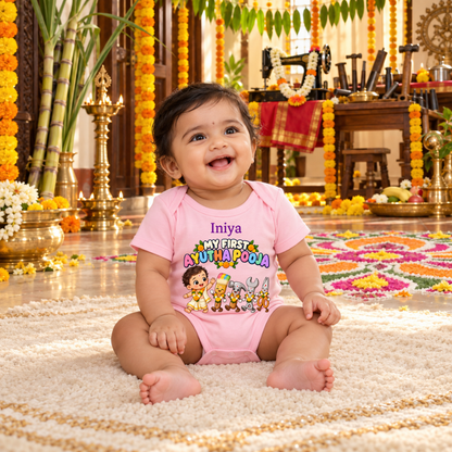 Personalised First Ayudha Pooja Baby Romper – Pink Cute Tools Design