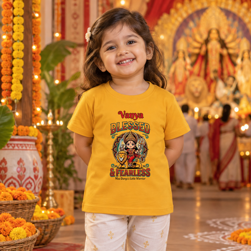 Personalized Blessed & Fearless Kids T-Shirt | Maa Durga Little Warrior Festive Tee