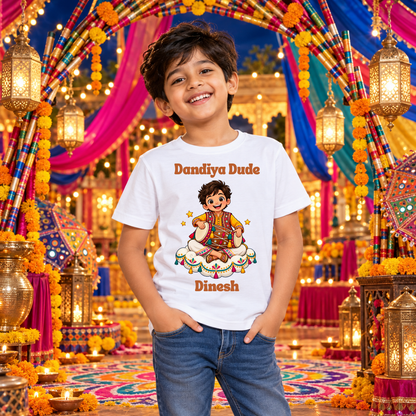 Personalized Dandiya Dude Boys’ T-Shirt | White Navratri Garba Tee