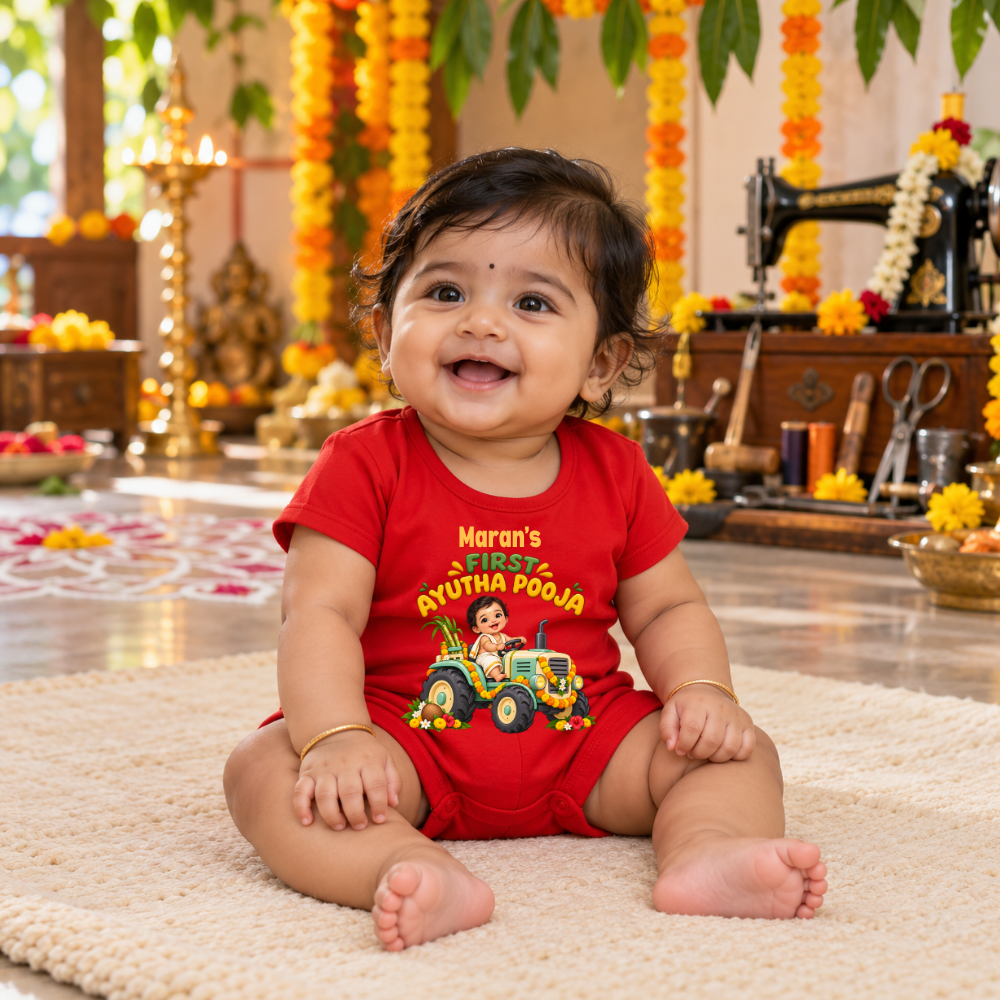 Personalised First Ayudha Pooja Baby Romper – Red Tractor Design