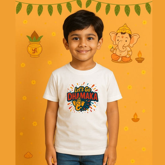 Let’s Go Dhamaka Ganesha Print White T-Shirt - Colour Burst Kids Festival T-Shirt