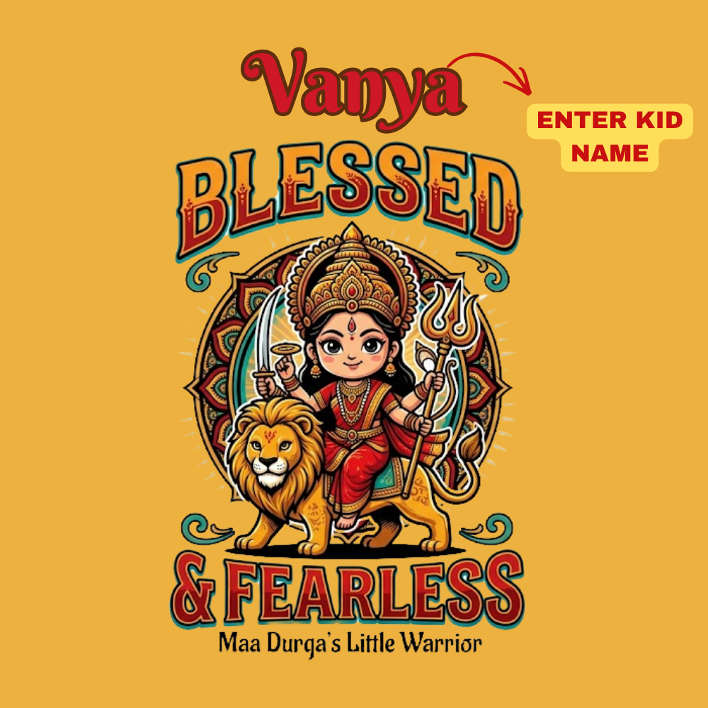 Personalized Blessed & Fearless Kids T-Shirt | Maa Durga Little Warrior Festive Tee