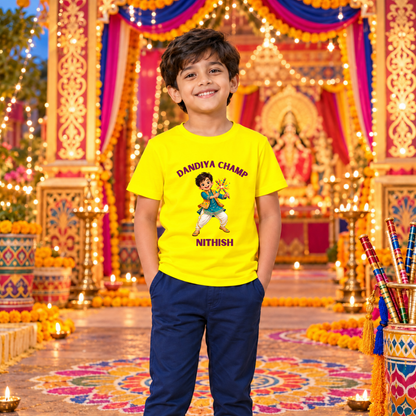 Personalized Dandiya Champ Boys’ T-Shirt | Yellow Navratri Tee
