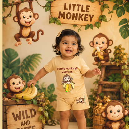 Personalized Funky Monkey Kids Co-Ord Set | Custom Name Cotton T-Shirt & Shorts for Boys & Girls