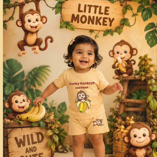 Personalized Funky Monkey Kids Co-Ord Set | Custom Name Cotton T-Shirt & Shorts for Boys & Girls