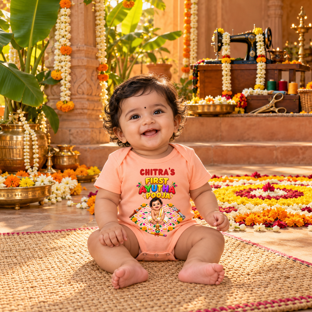 Personalised First Ayudha Pooja Baby Romper – Peach Kolam Design