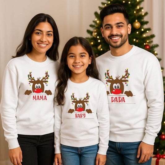 Reindeer Family Matching Christmas Sweatshirts – Cute “Mama Dada Baby” Set
