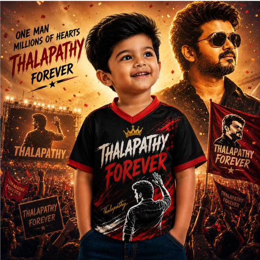 Thalapathy Forever Kids Fan Jersey | Premium Black & Red Half Sleeve T-Shirt for Boys