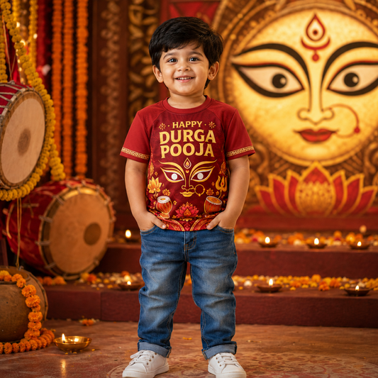 Happy Durga Puja Kids Jersey T-Shirt | Red Maa Durga Festival Tee for Boys