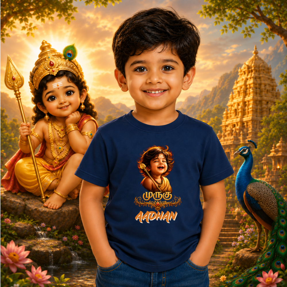 Murugu Personalized Kids T-Shirt | Custom Name Little Murugan Cotton T-Shirt for Boys | Tamil Devotional Kids Tee