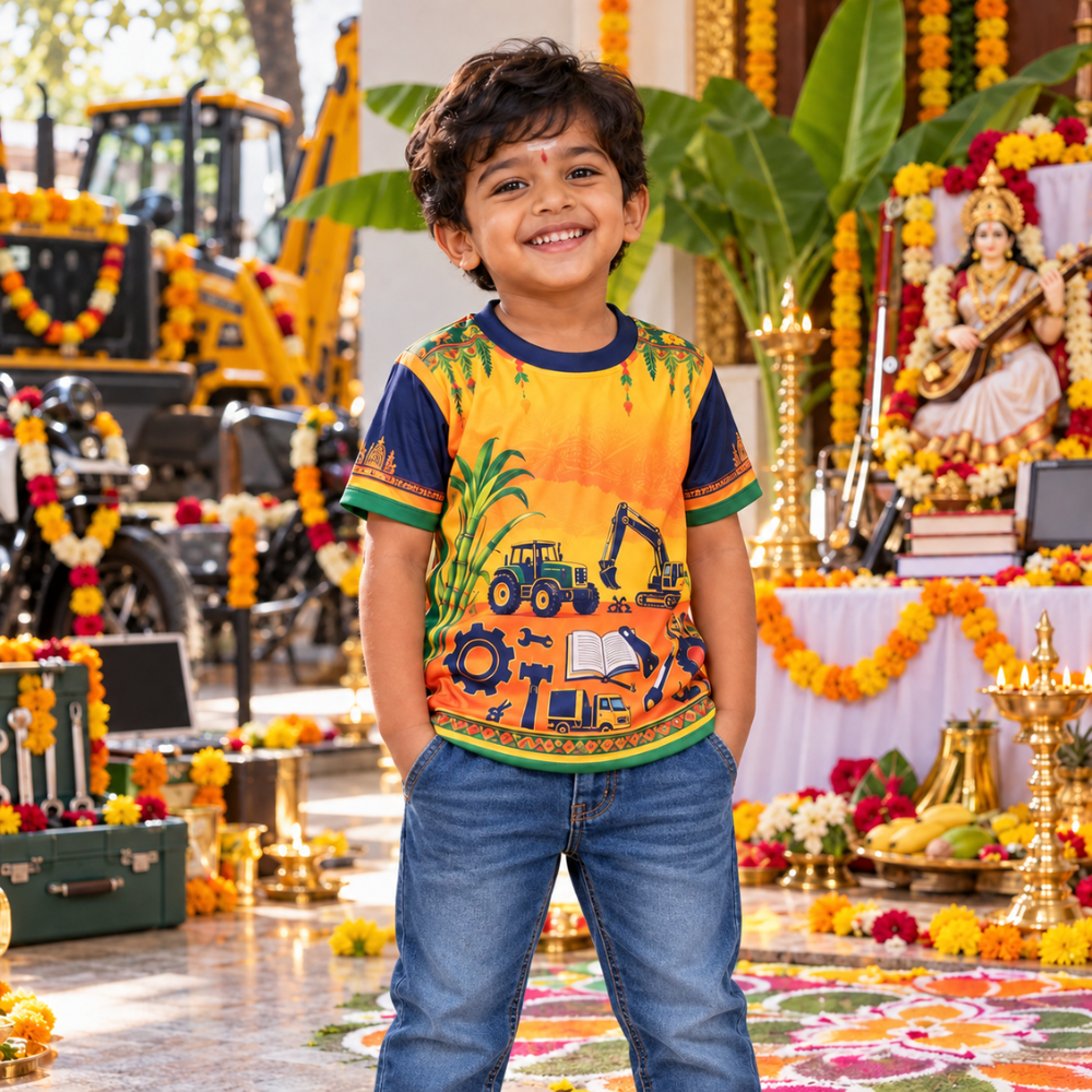 Ayudha Pooja Kids Jersey T-Shirt | Orange Tractor, Tools & Books Festive Print