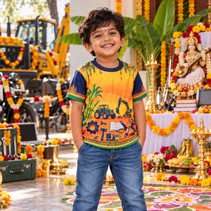 Ayudha Pooja Kids Jersey T-Shirt | Orange Tractor, Tools & Books Festive Print