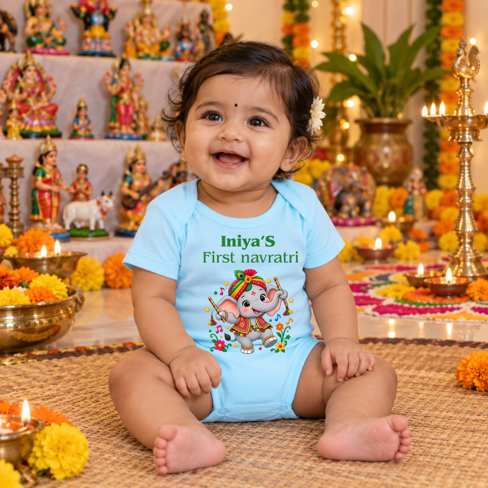 Personalized Baby’s First Navratri Romper | Pastel Blue Elephant Design