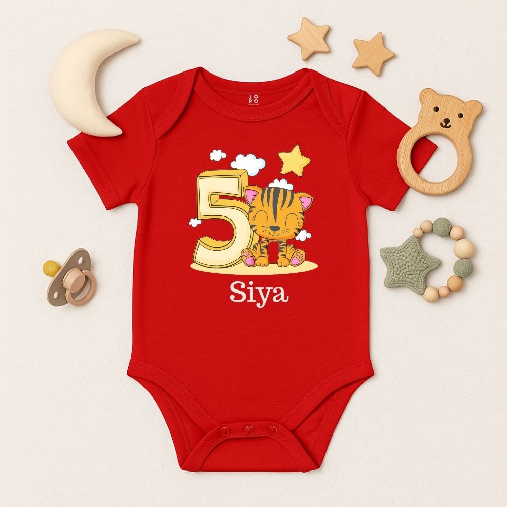 5th Birthday Red baby onesie with a tiger 