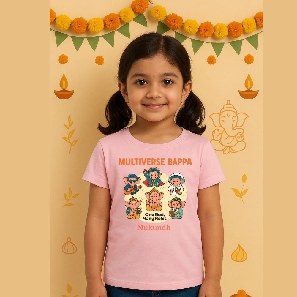 Vinayagar Chathurthi Pastelpink t-shirt with cartoon Multiverse Bappa characters 