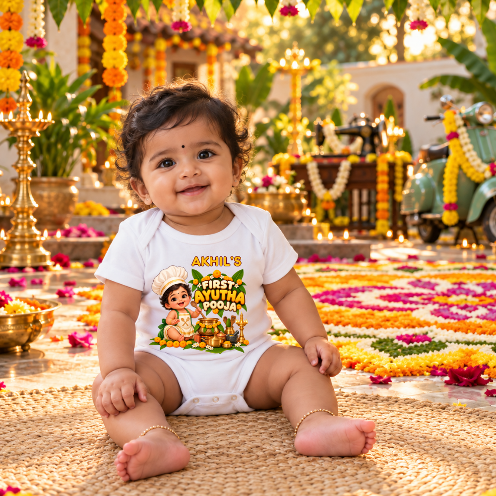 Personalised First Ayudha Pooja Baby Romper – Cute Chef Design
