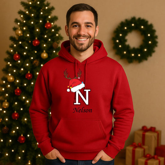 Unisex Personalized Christmas Reindeer Initial Print Hoodie