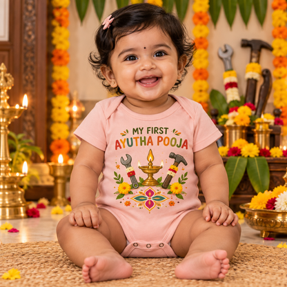 My First Ayudha Pooja Baby Romper – Peach Tools & Lamp Design