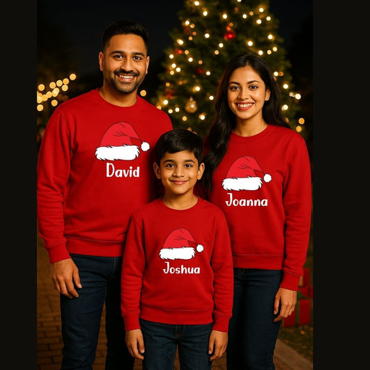 Xmas Matching SweatShirts for Family  Custom Name with Santa Hat Graphic