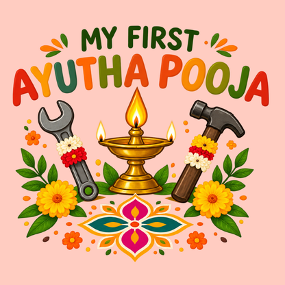 My First Ayudha Pooja Baby Romper – Peach Tools & Lamp Design