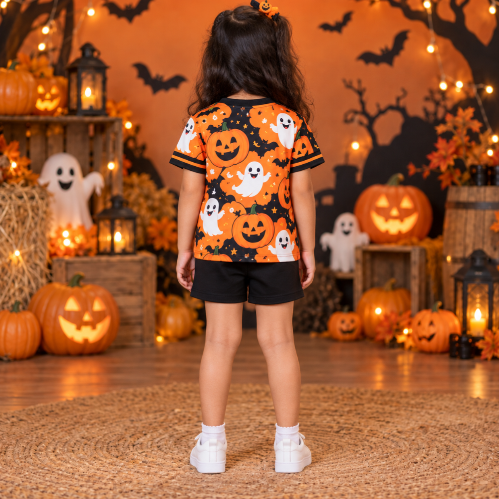 Kids Halloween Jersey – Orange Pumpkin & Ghost Print T-Shirt