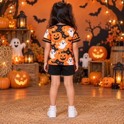 Kids Halloween Jersey – Orange Pumpkin & Ghost Print T-Shirt