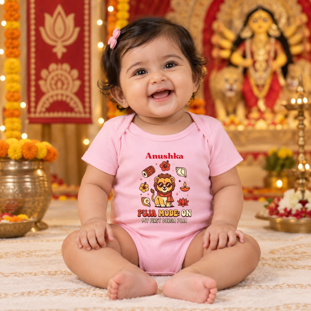 Personalized Puja Mode On Baby Romper | My First Durga Puja Pink Onesie