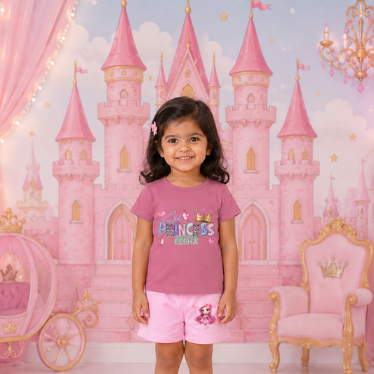 Personalized Little Princess Kids Co-Ord Set | Custom Name Cotton T-Shirt & Shorts | Princess Castle Outfit for Girls