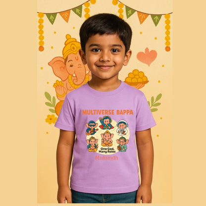 Vinayagar Chathurthi Lavender t-shirt with cartoon Multiverse Bappa characters 
