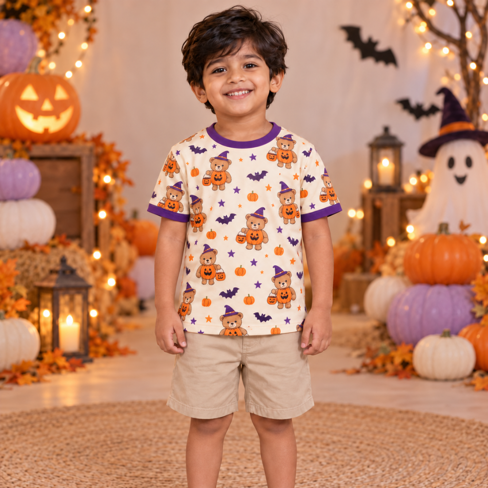 Kids Halloween Jersey – Cute Teddy Bear & Pumpkin Print