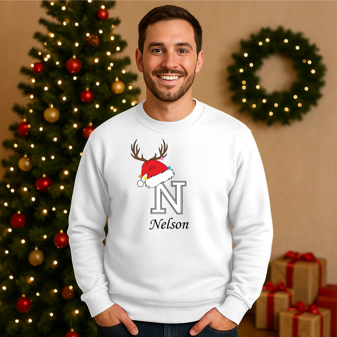 Personalized Christmas Reindeer Initial Sweatshirt for Men & Women