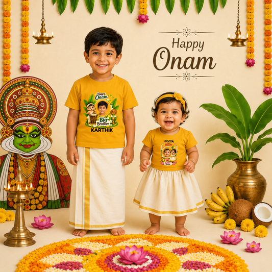Personalized Onam Sibling T-Shirt Combo | Custom Name Matching Tee
