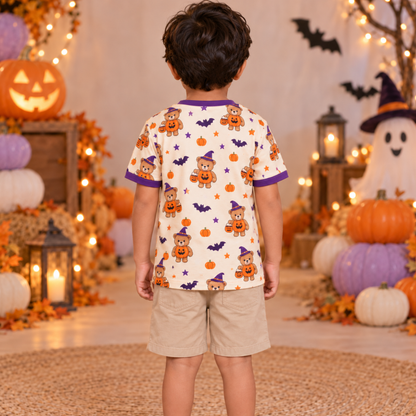 Kids Halloween Jersey – Cute Teddy Bear & Pumpkin Print