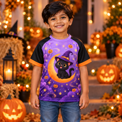 Kids Halloween Jersey – Purple Witch Cat & Moon Print